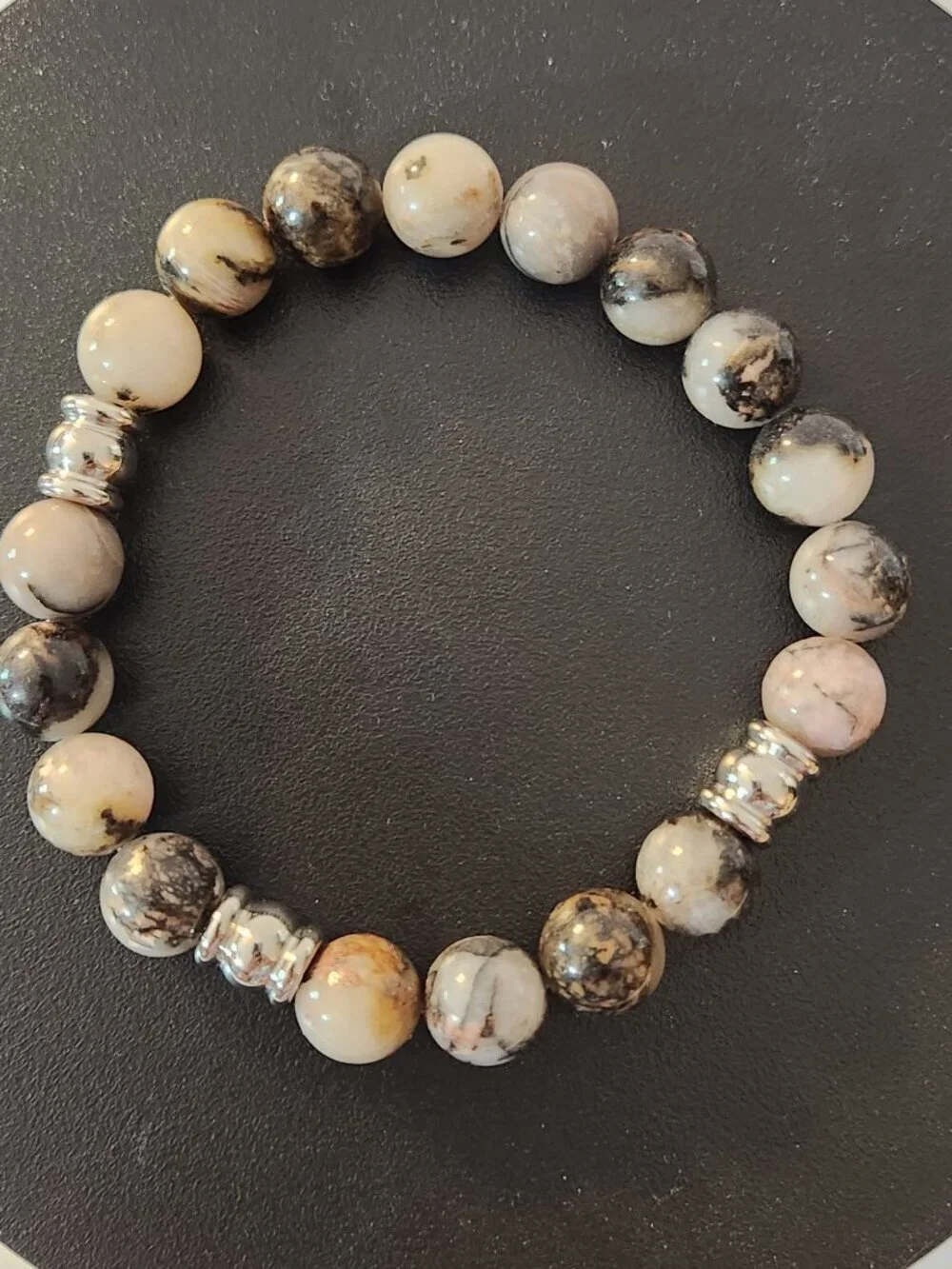 Hand Crafted Picasso Jasper Stretch Bracelet with Stainless Steel Accent Beads